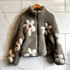 Thread & Supply Sherpa Flower Appliqué Zip Jacket